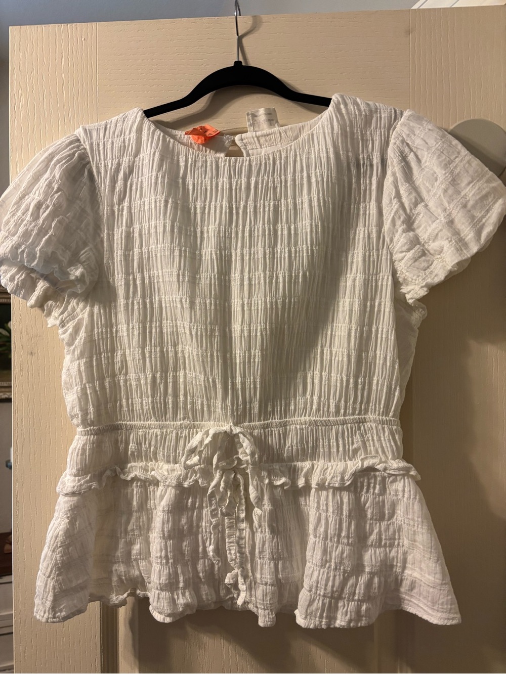 Women's White Textured Ruffle Peplum Top